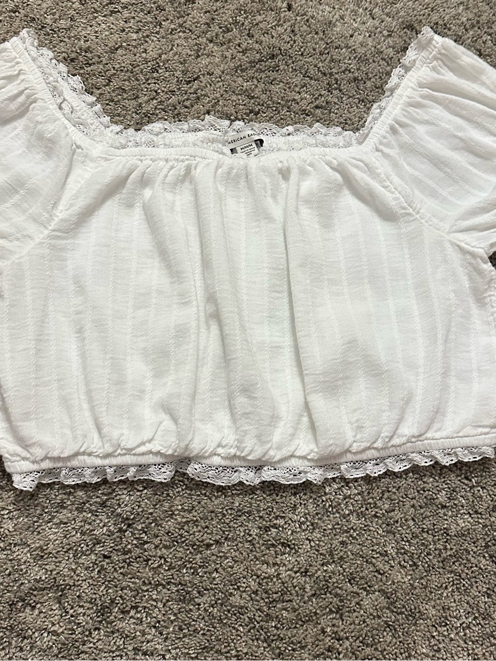 American Eagle Outfitters White Lace Trim Cropped Peasant Top